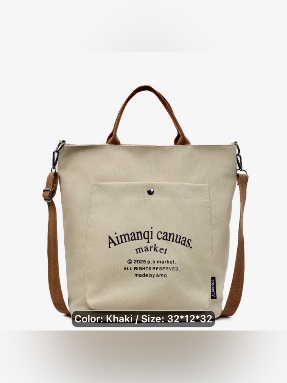 Aimanqi Canvas Market Tote Bag Khaki with Brown Adjustable Straps Inside Pockets